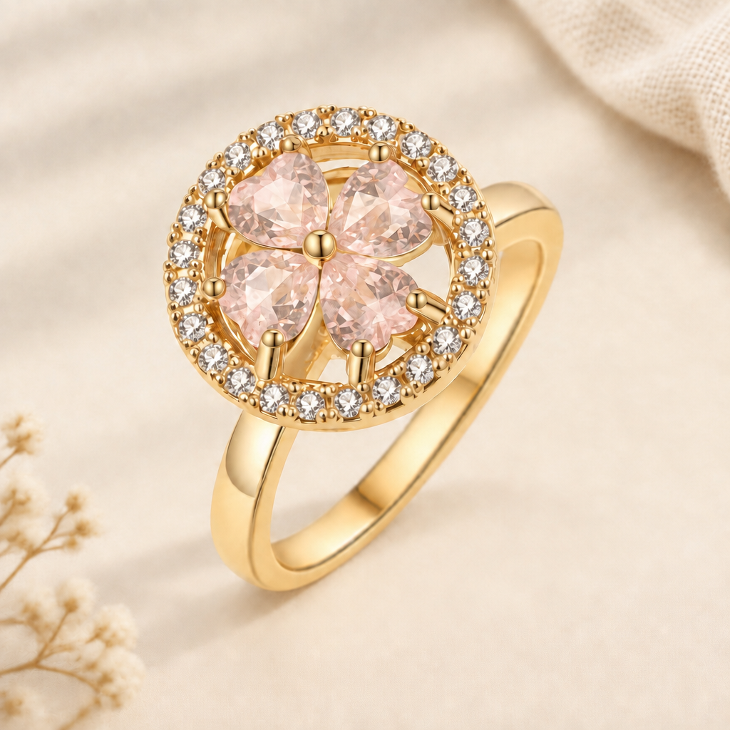 Bague fleur aux pierres rose blush atténuées