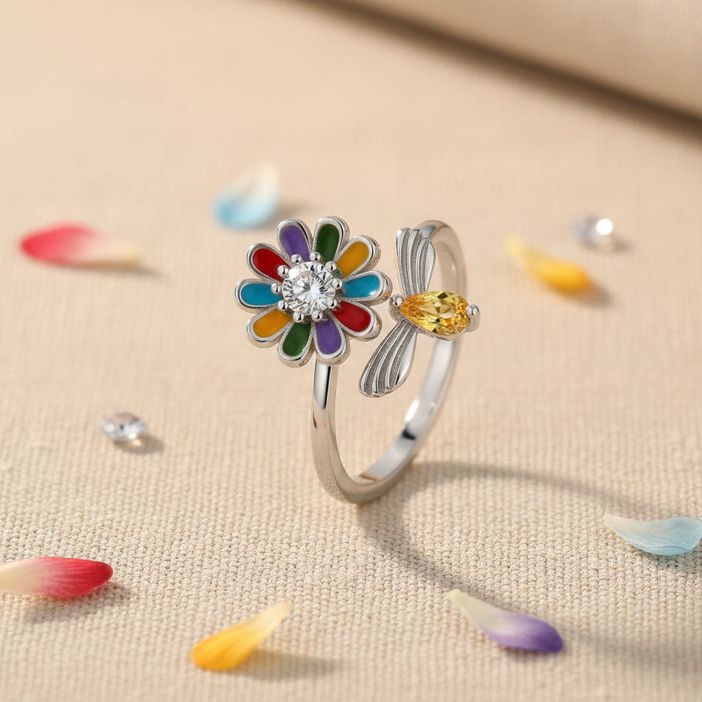 Bague Fleur Arc-en-ciel sur fond lin beige